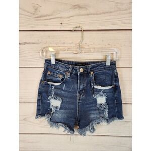 Almost Famous Womens Boyfriend Shorts Distressed High Rise Medium‎ Wash Size 1